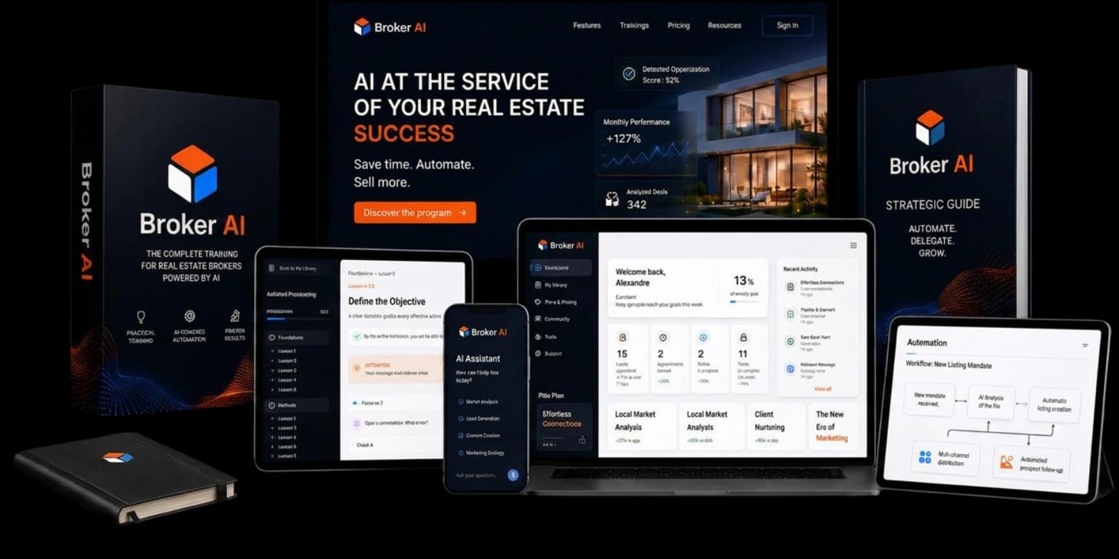 The Broker AI platform on desktop, tablet and phone, with the strategic guide.