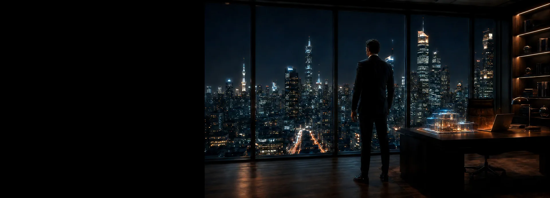 Courtier immobilier face à une métropole illuminée